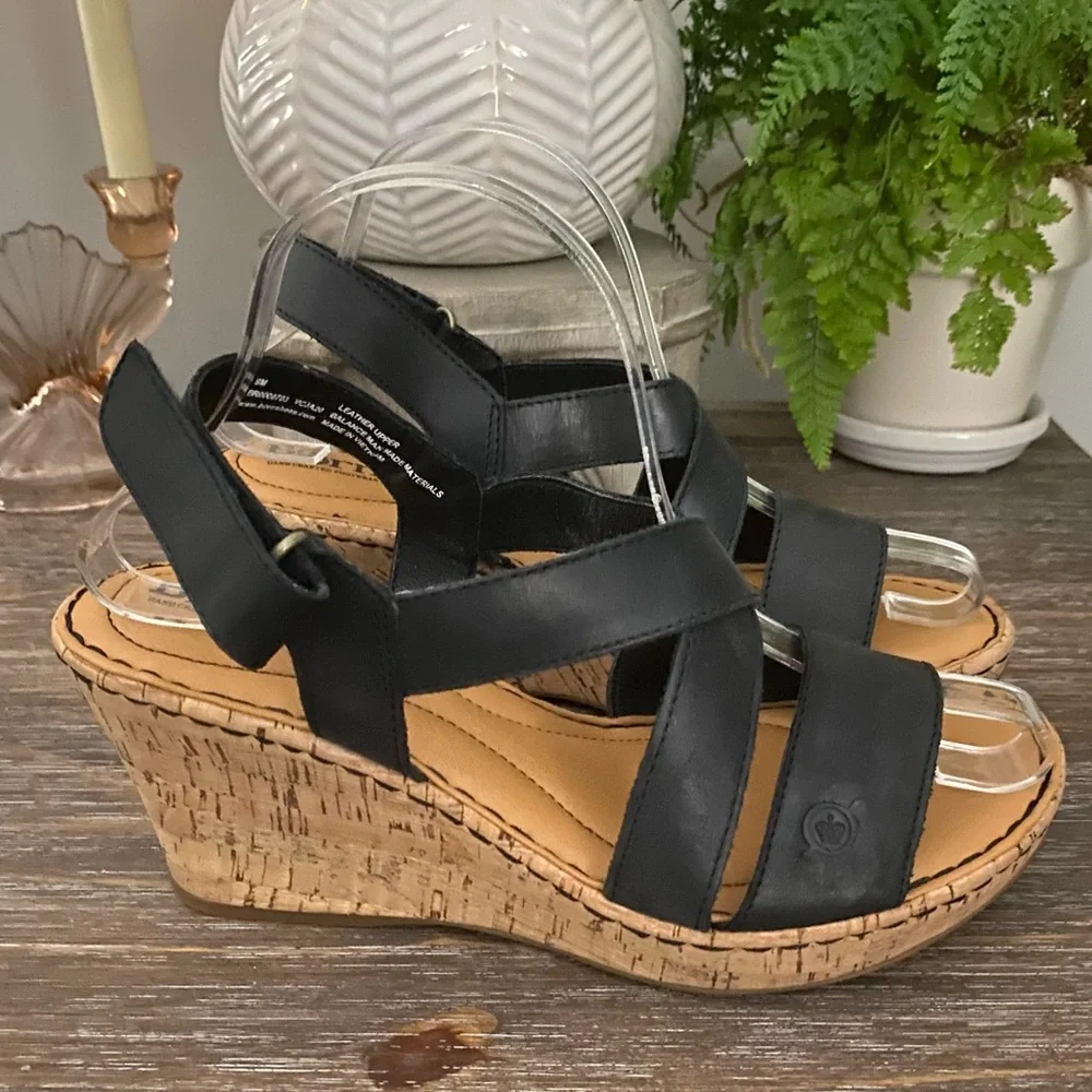 Born Black Leather Slingback Cork Wedge Sandals